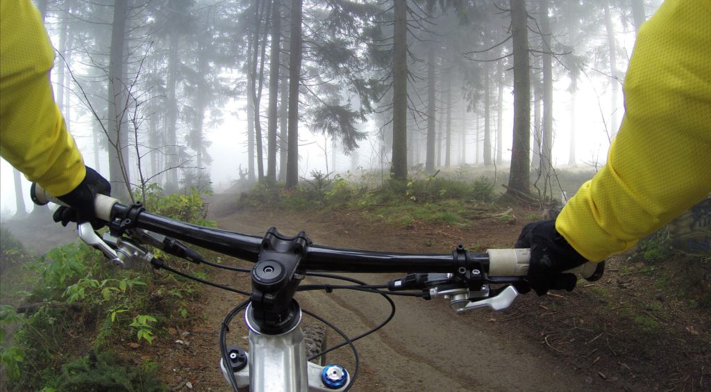 Bicyclist riding through trees on foggy day | Tuolumne County Car & Bicycle Accident Lawyer